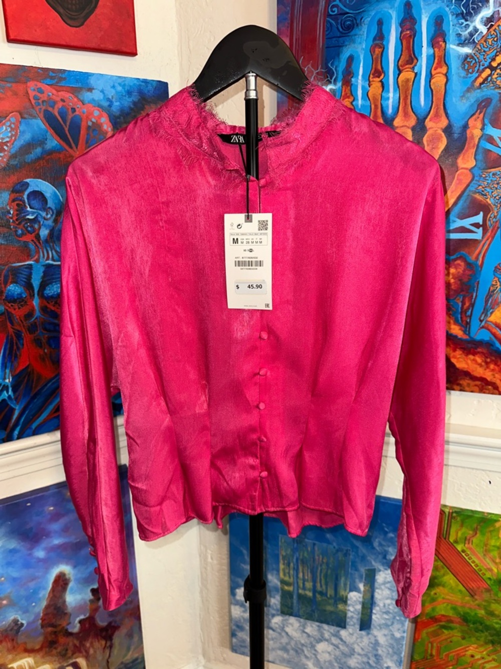 Zara Hot Pink Satin Button-Up Blouse
